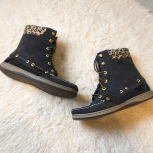 Sperry's Topsider Leopard Cheetah Print Black Leather Preppy Shoe Boat Boots